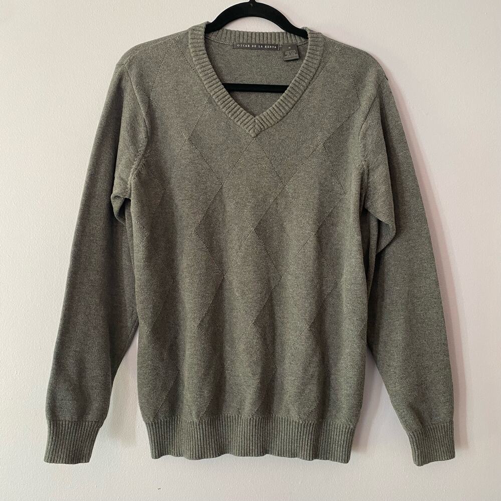 Oscar De La Renta Cotton Gray V-Neck Pullover Sweater Vintage Men's size Medium